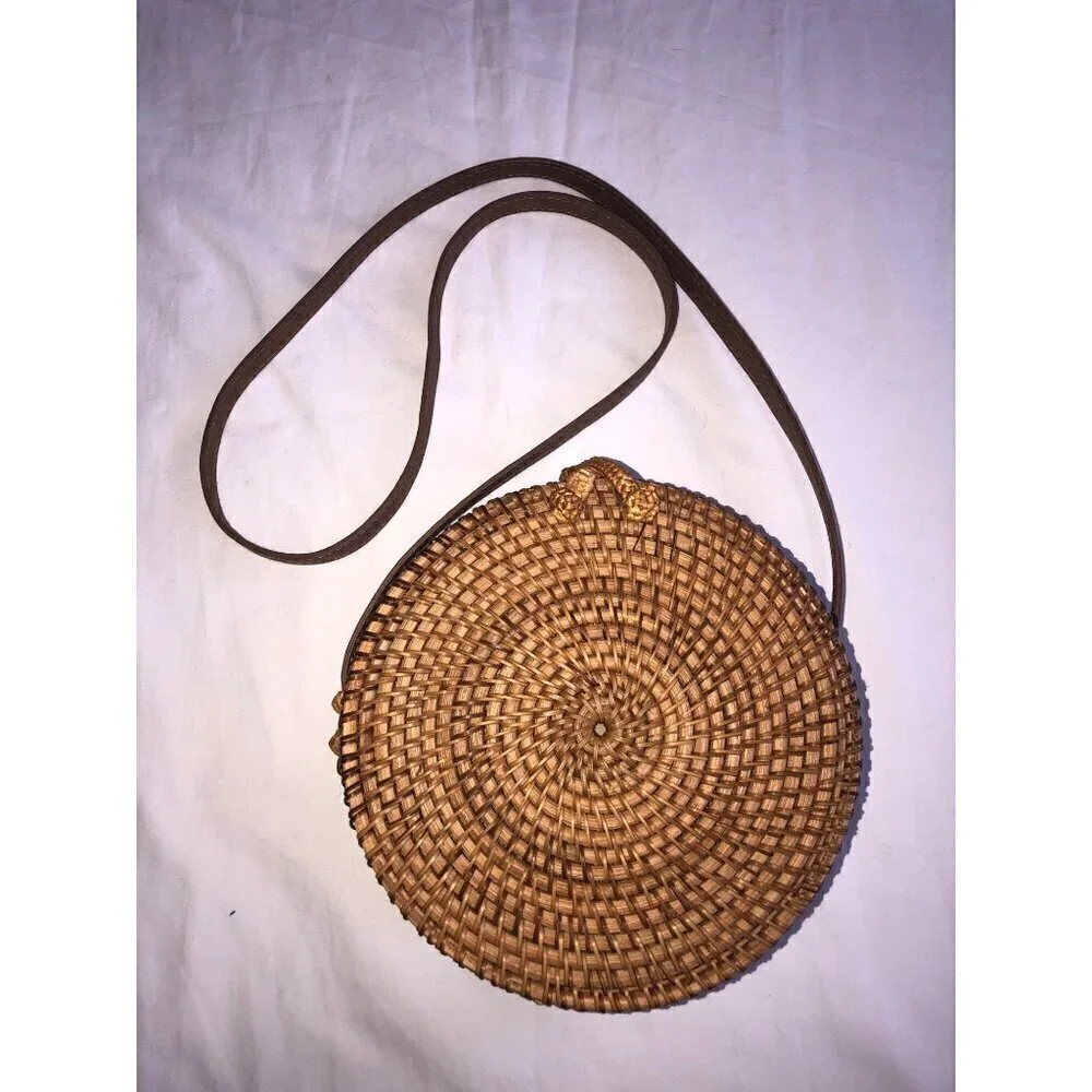 Straw Studios Bag Woven Circle Crossbody Shoulder Wicker Summer Beach Handmade - Picture 3 of 8